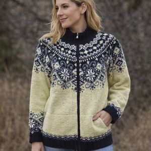 Green Fair Isle Nordic Sz- M Knit Lambswool Angora Heritage Fisherman Cardigan